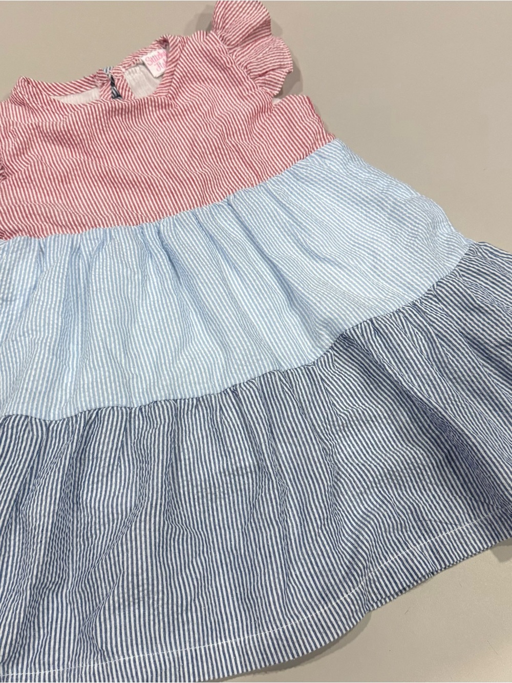 Stitchy Fish Girls Size 2T Tiered Stripe Dress Pink, Light Blue & Navy Like New!